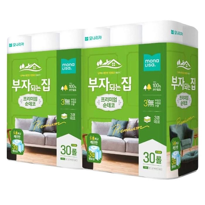 [모나리자] 모나리자 부자되는집 프리미엄 순데코 천연펄프 무향 화장지 27m 30롤x2팩