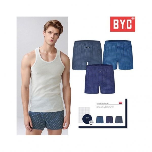 BYC 남성 사각팬티 프리미엄 순면 60수 투톤 패턴 박서 트렁크 3매입857808