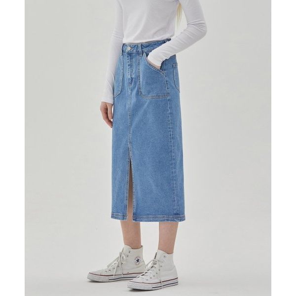 RYUL+WAI 데님 포켓 슬릿 스커트 라이트 인디고 215352
