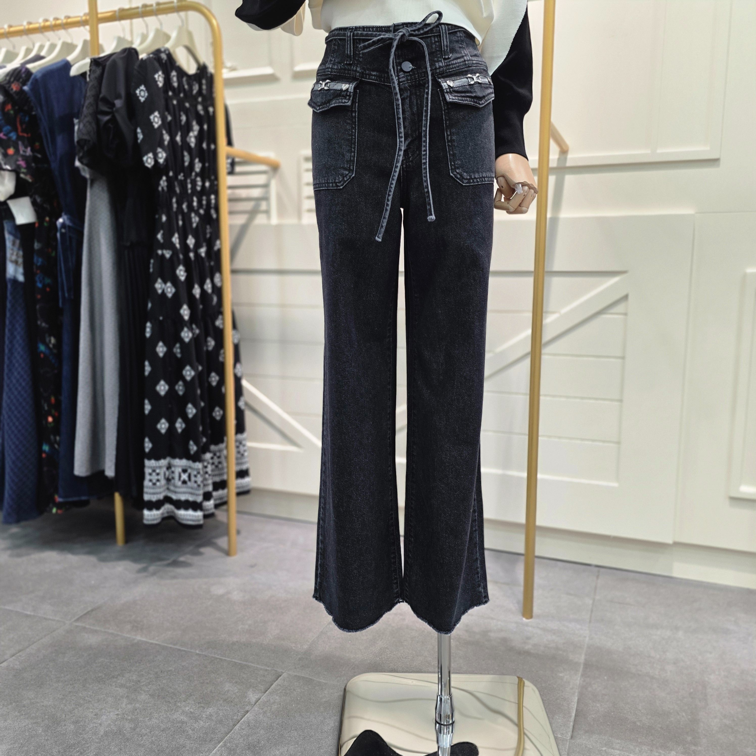 에고이스트 리본장식 하이웨스트 와이드 데님팬츠 ER3DP364BK 747060