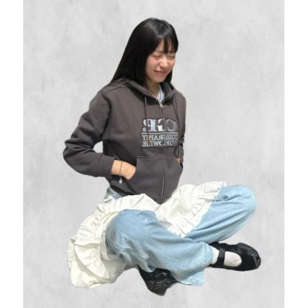 CGP (우먼) 스퀘어 로고 데미지 후드 집업_차콜 255683 FE5332685-E2B