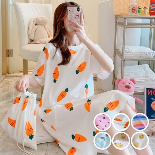 임산부 여름 반팔 원피스잠옷 면 홈웨어 롱 파자마 129914