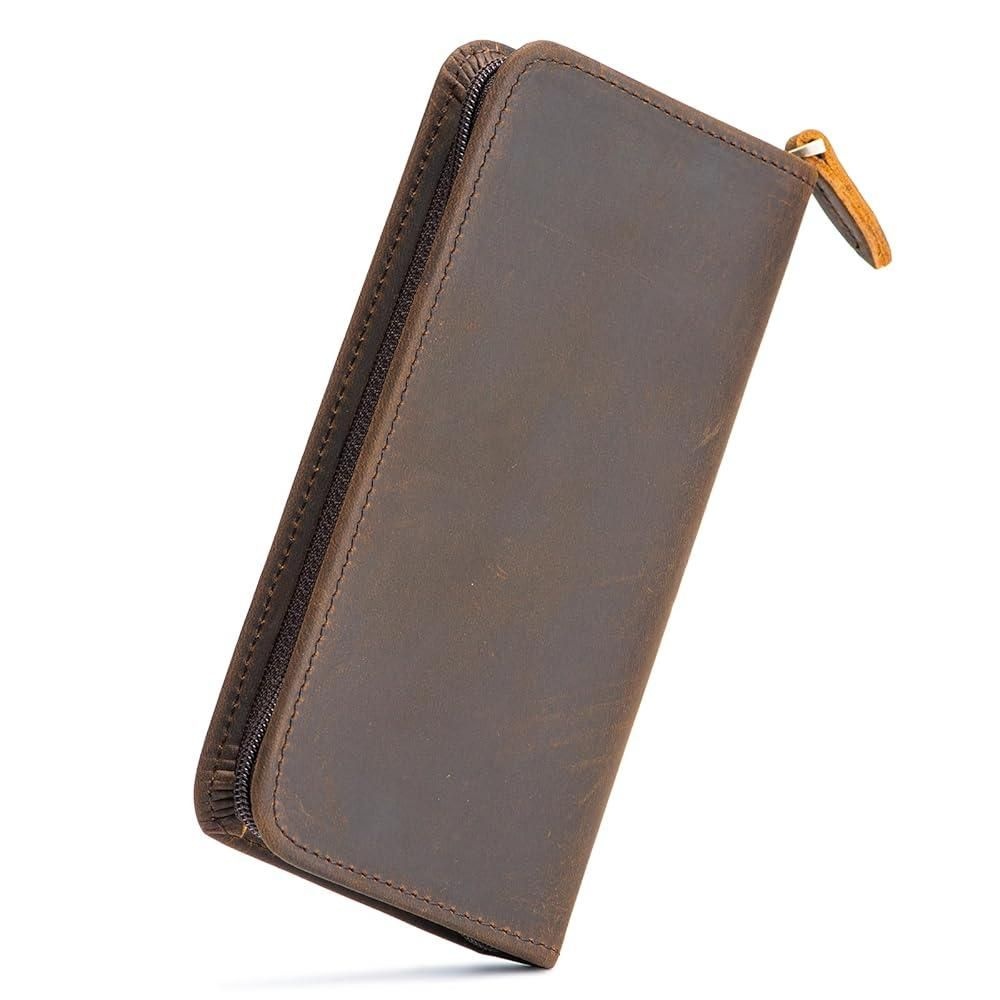 Asvine [해외] 만년필 케이스 3개의 분할 슬롯 크레이지 호스 가죽 펜 홀더, 롤러볼 펜용 수제 디스플레이 지퍼 파우치 - 레트로