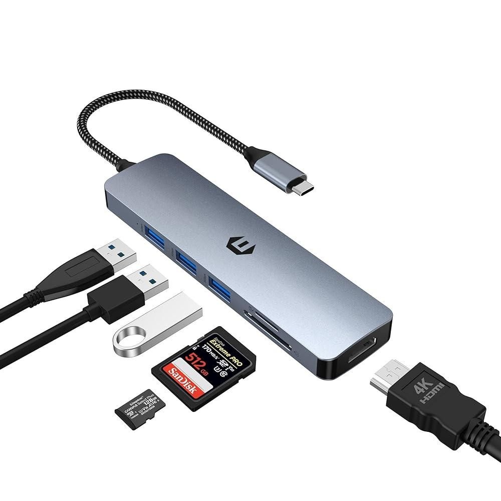 Tymyp USB C 허브, 풍부한 6 in 1 USB C to USB 어댑터, 4K HDMI가 있는 USB C 허브, USB 3.0 3개, SD/TF 카드 슬롯, 맥 프로/맥 에어