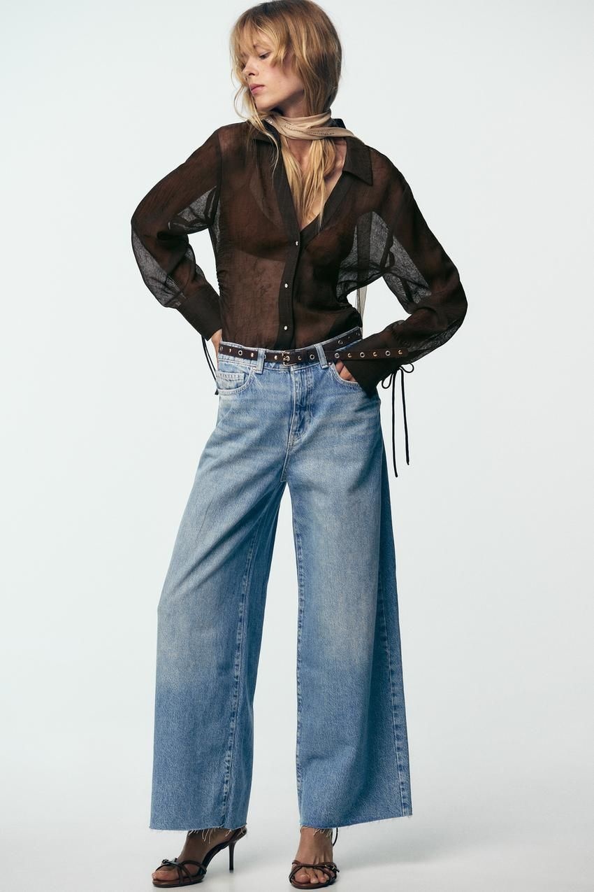 [국내발송] ZARA 여성 리본 세미 시스루 셔츠 - 다크 브라운 384288