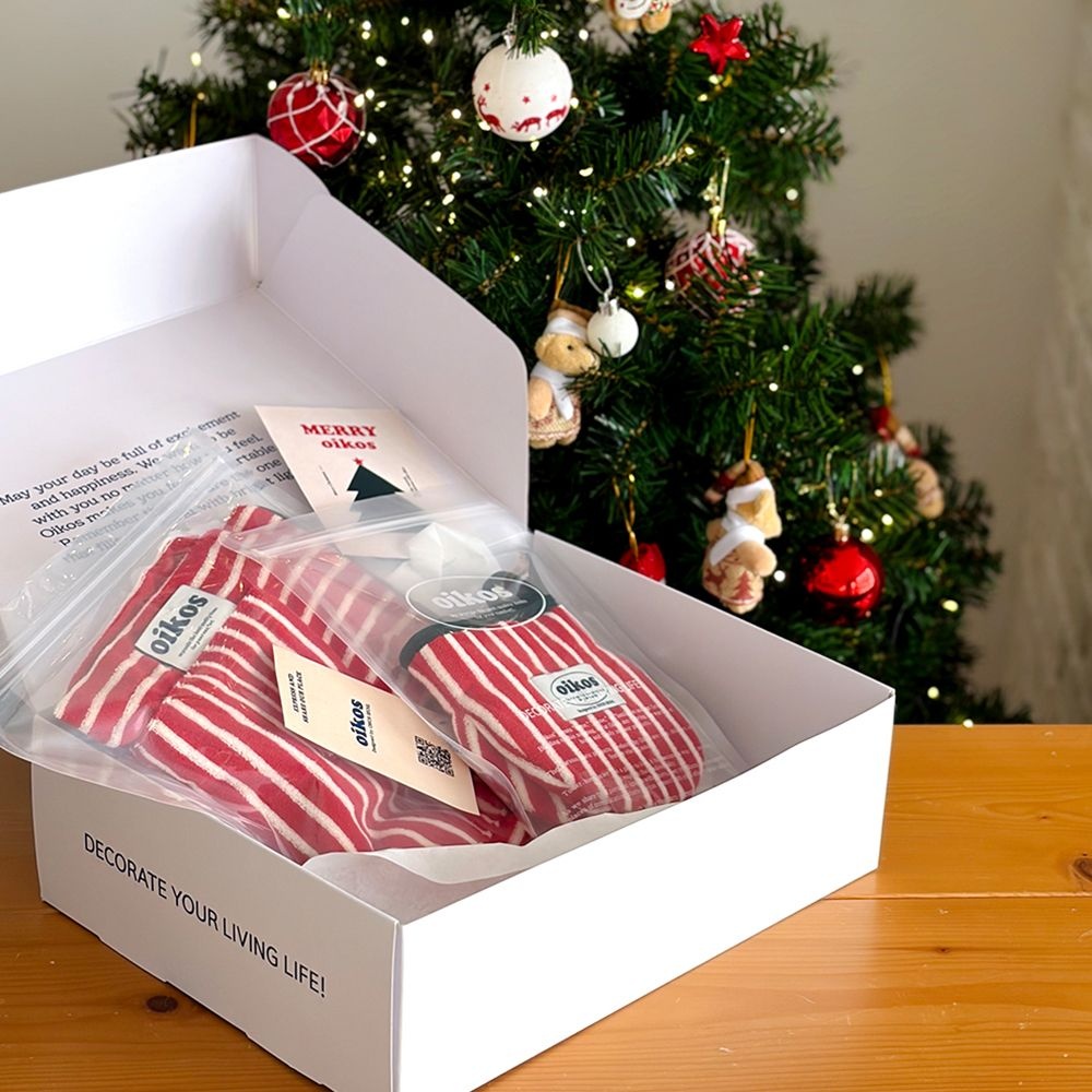 오이코스 [크리스마스에디션] 오이코스 테리 스트라이프 앞치마&주방장갑 회사 단체 선물세트 연말선물