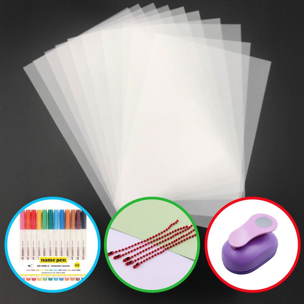 KC인증 반투명 슈링클스 종이 50매+구슬체인(랜덤) 50개+네임펜 12색+펀칭기 세트 A4 0.3mm DIY 키링만들기