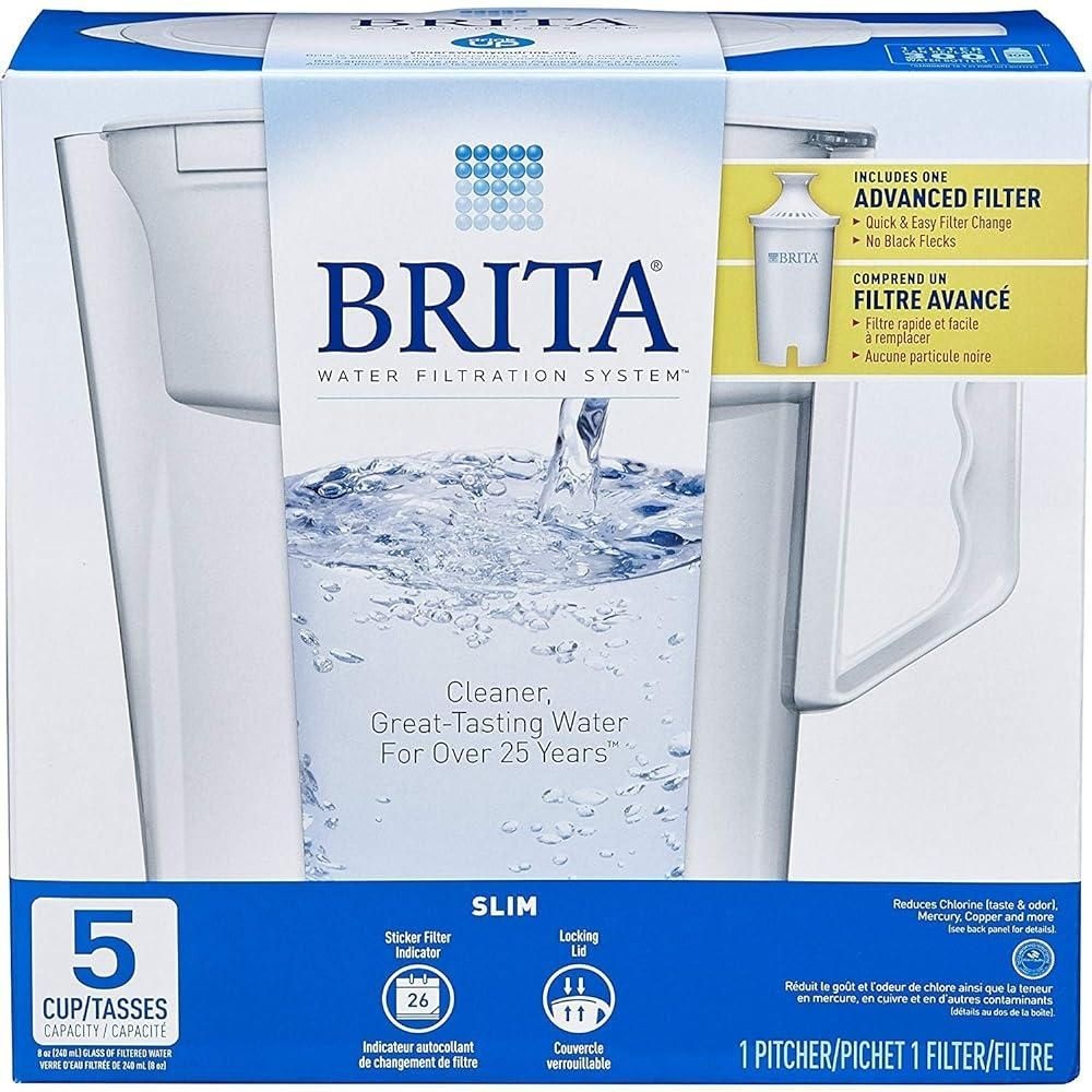 브리타 [해외] Brita 워터 피처, 슬림, 5컵 용량, 고급 필터 1개 포함, 사이즈