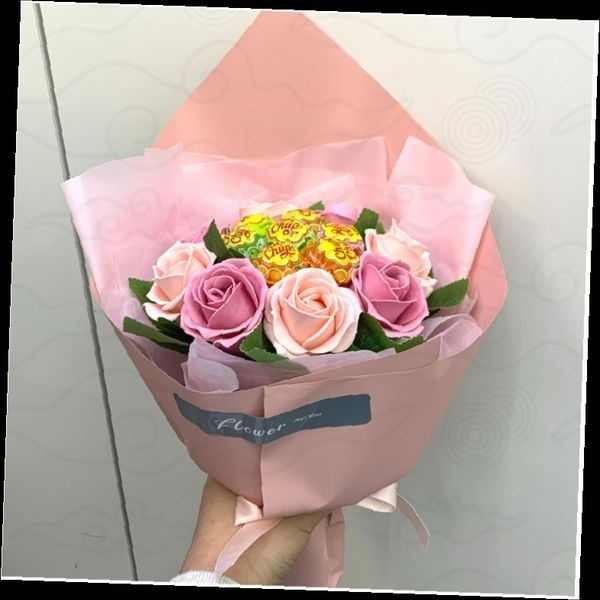 해리네점빵협력사 꽃다발 부케 츄파춥스 사탕 조화 장미 핑크 포장지 리본 기념일 선물용