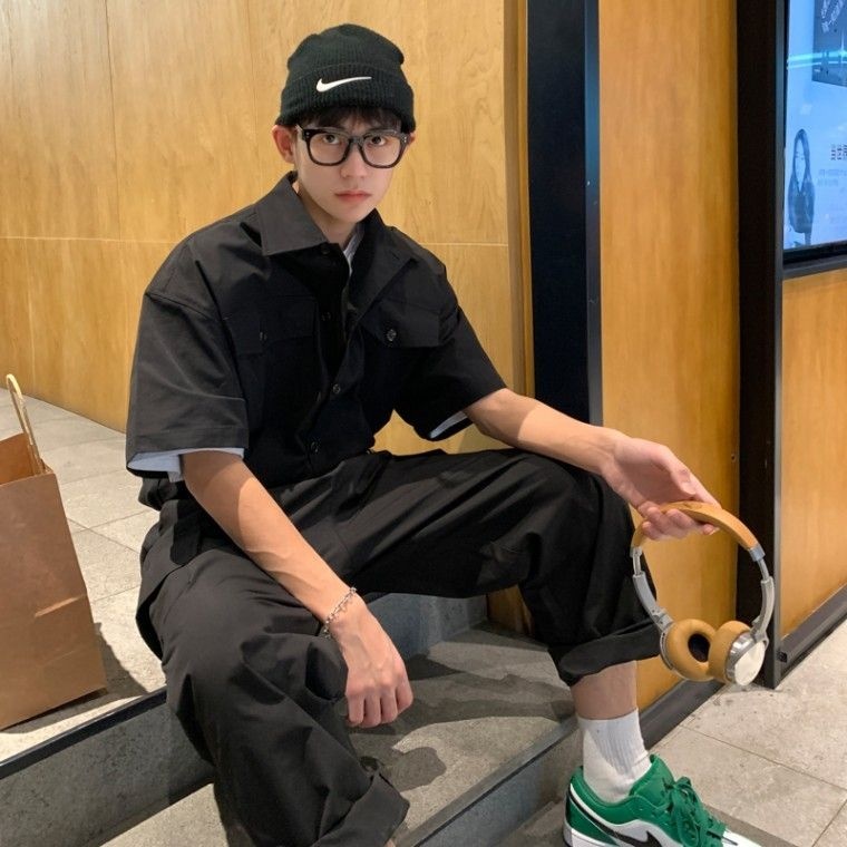 화이트블럭 남자점프슈트작업복 오버롤 오버핏 워크웨어 와이드점프슈트 벨트점프수트 아메카지 반