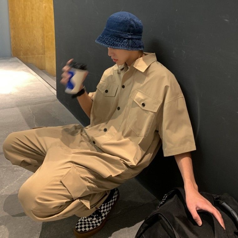 화이트블럭 남자점프슈트작업복 오버롤 아메카지 반팔 작업복 오버핏 워크웨어 와이드점프슈트 벨