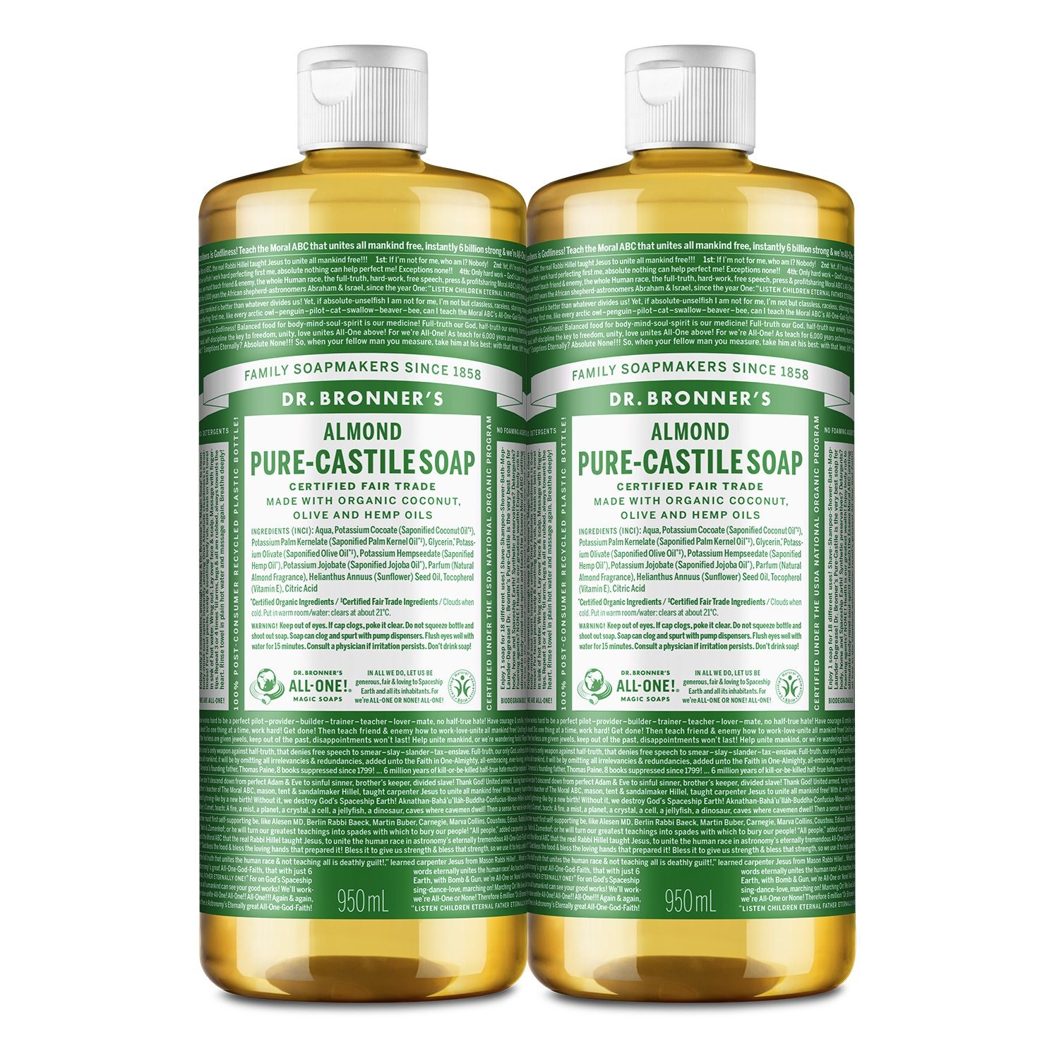 닥터브로너스 닥터 브로너스 아몬드 퓨어 캐스틸 솝 대용량 올인원 바디워시 950mlx2개