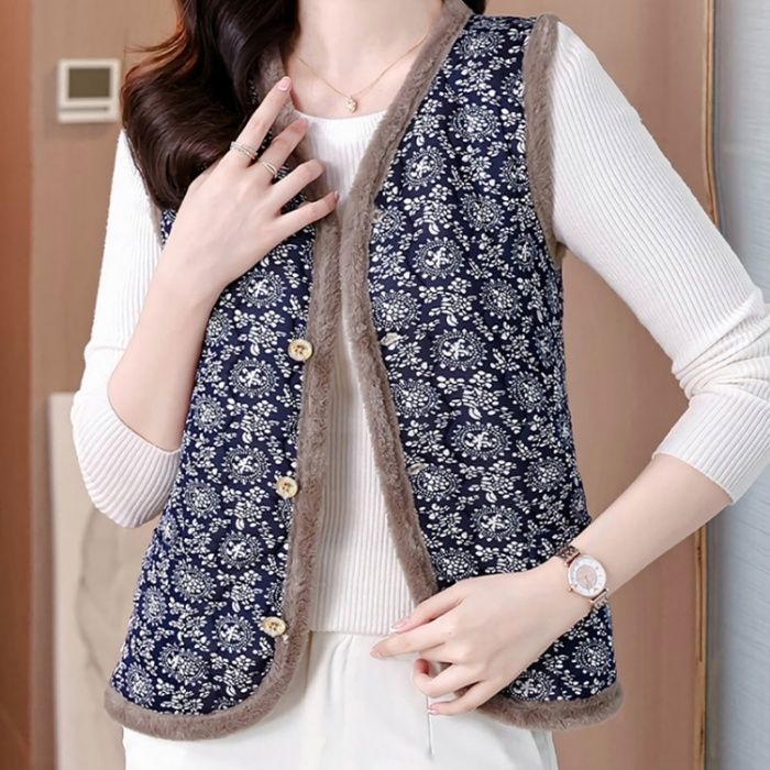 겨울 할머지조끼 김장조끼 융털 꽃무늬 조끼 엣지 퍼 브이넥