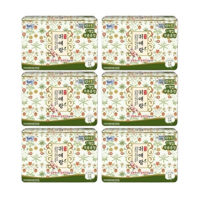 쏘피 생리대 귀애랑 한방성분 안심날개 대형 18p X6팩