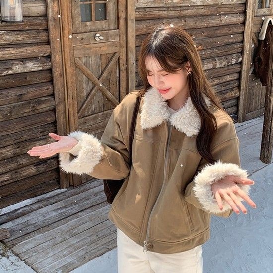 헤타페 누빔안감 양털 카라 소매 루즈핏 집업 점퍼