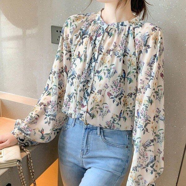 [모노무드] MNO 걸 오텀 S/S 플로럴 플라워패턴 풀슬리브 탑 스타일 브라우스여성용 퍼프디테일 플리츠 봄블라우