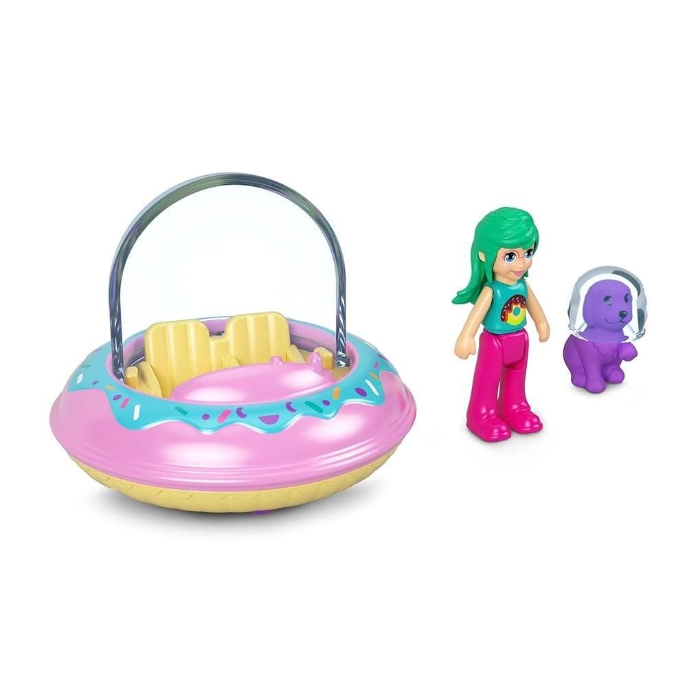 Polly Pocket [해외] Polly Pocket 수집용 마이크로 미니 금속 차량, 포즈를 취할 수 있는 인형 및 애완동물 세트 - 도넛 테마 UFO 및 퍼플