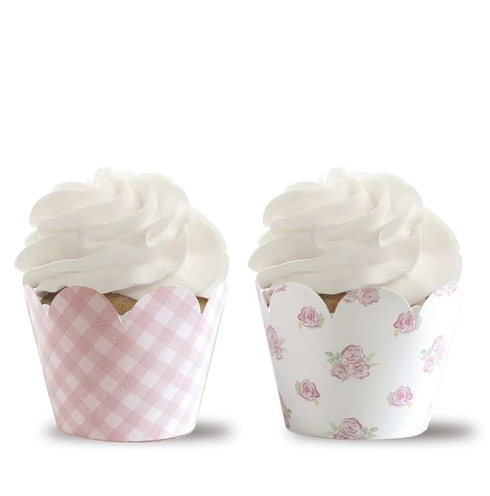 [ZTZTST]핑크 깅엄 및 플로럴 컵케이크 포장지, 파티 용품, 베이비 샤워-36개입 119093