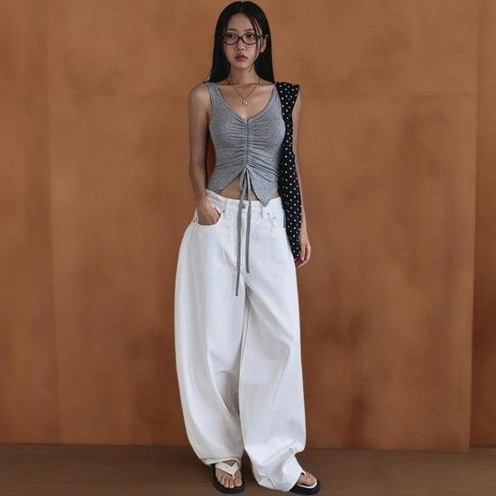 여성용 레이온 스판 스트랩 언발란스 트임 민소매 티셔츠