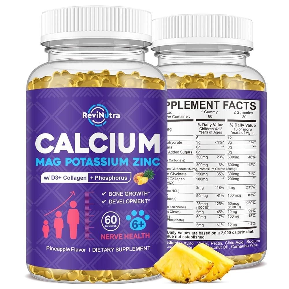 [해외] 어린이 및 인용 칼슘 칼륨 마그네슘 젤리, 가수분해된 콜라겐, 아연, 인, 을 한 멀티비타민, 강도, 밀도 지원, 무설