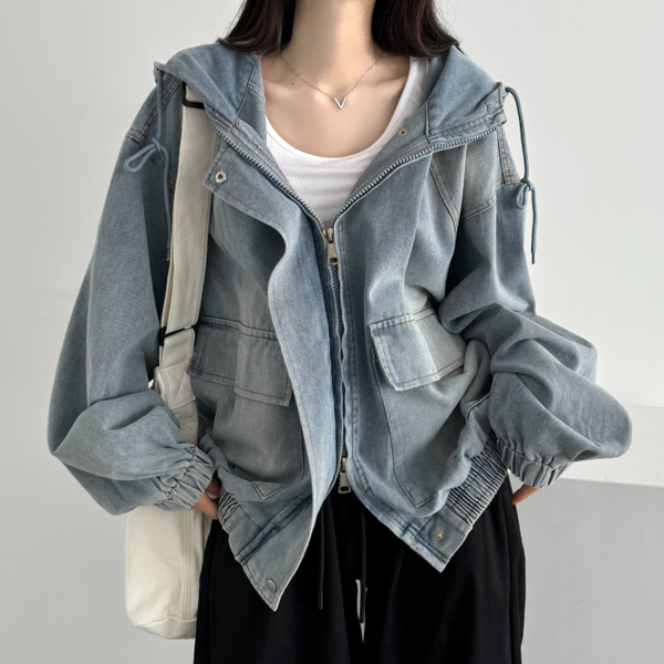 이버유 [하프클럽]UNISEX/왕오버핏] 투웨이 데님 빅후드 오버핏 워싱 벌룬 데님자켓 집업 점퍼