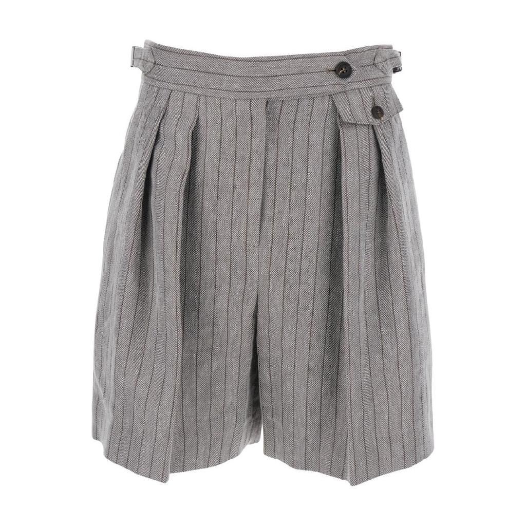 브루넬로 쿠치넬리 [해외] 브루넬로 쿠치넬리 BRUNELLO CUCINELLI Grey Bermuda Panrs with Off Centered Button Closure and All Over Striped Motif in Linen Blend Woman MP520P8768C241
