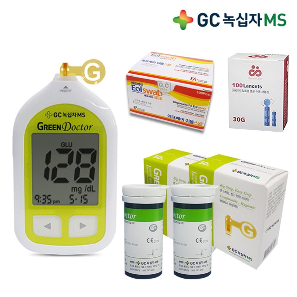 GC녹십자MS 그린닥터 혈당측정기+시험지100매+침100개+알콜솜100매 당 당뇨 체크기 검사기