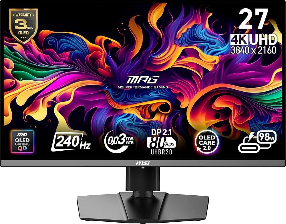 [해외] MSI MPG 272URX QDOLED 27인치 3840 x 2160UHD 컴퓨터 모니터, 240Hz, 어댑티브 싱크, HDMI, DP 포트, VESA 장착 가능, 틸트, 스피커,