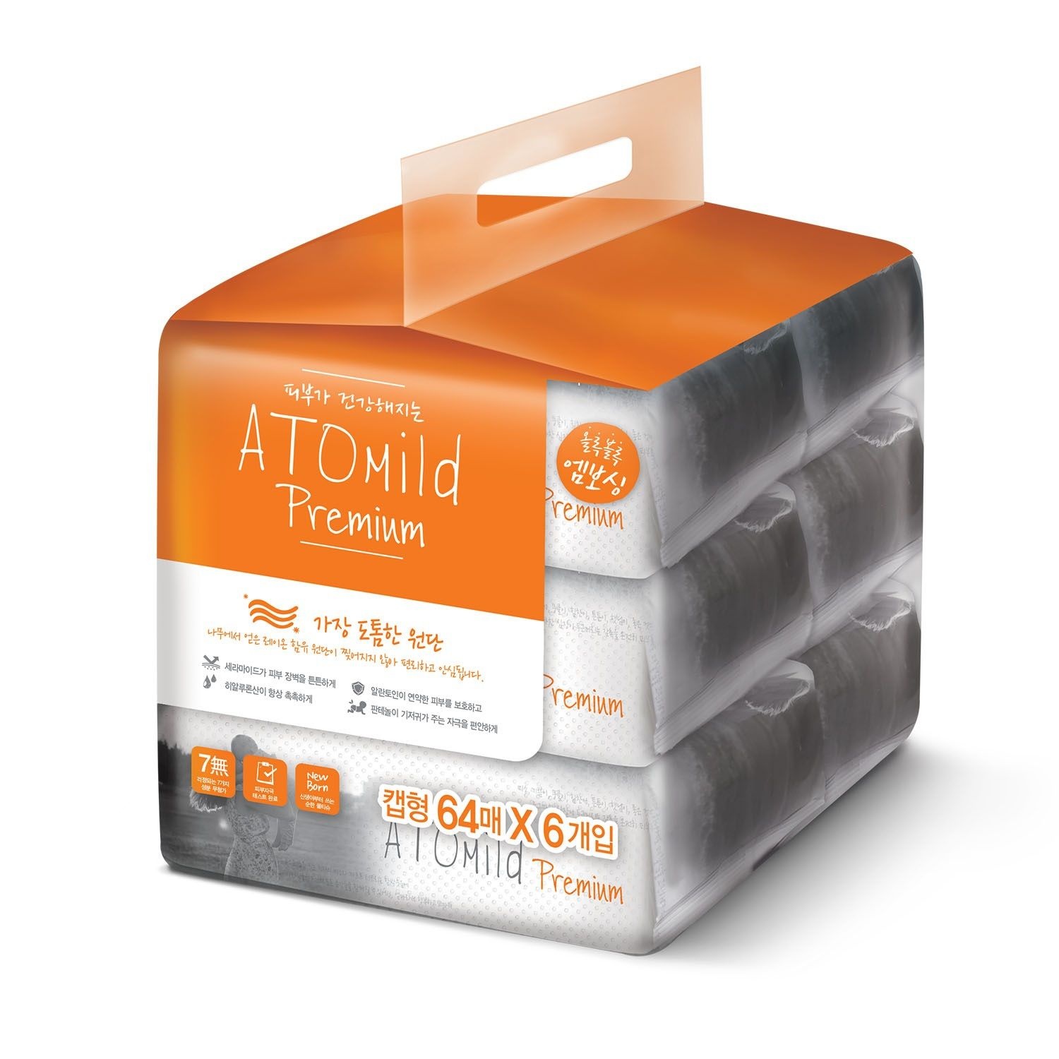 아토마일드 프리미엄엠보싱 물티슈(캡형, 번들) (64매*6개)