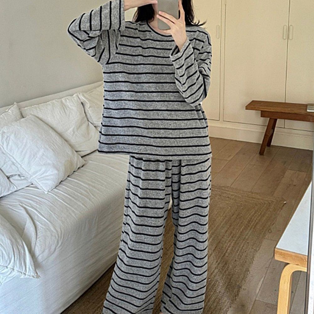 그린썸협력사 여성 스트라이프 피치기모 홈웨어 세트 2칼라 러블리 긴팔 상하의 겨울 수면 잠옷 실내복