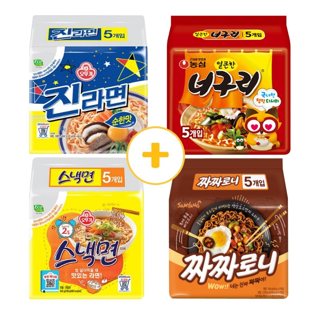 농심 라면 멀티팩 진라면5개(순한맛)+너구리5개(얼큰한맛)+스낵면5개+짜짜로니5개 총20봉지 한세트