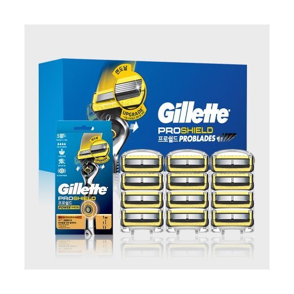 매장정품 GILLETTE 2024 프로쉴드 옐로우 면도날 12입 + 파워 면도기 본품 증정