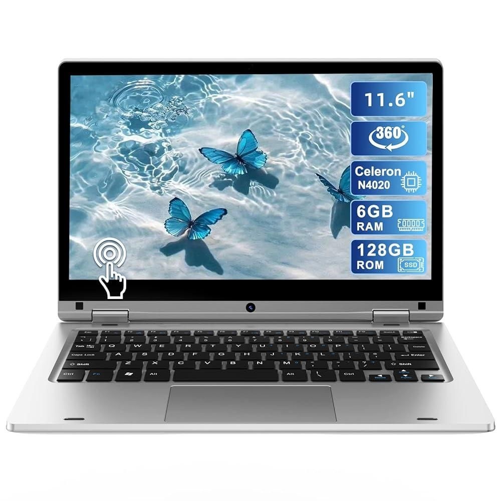 [해외] SAINTDISE 11.6인치 FHD 터치스크린 노트북, 360° 접이식, 셀러론 N4020, 6GB RAM 128GB SSD+256GB SD 카드, 온라인 수업, 사무실