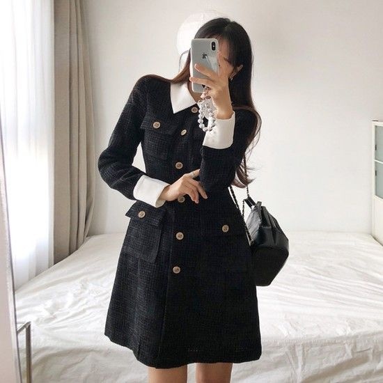 흐로닝언 포켓 배색 A라인 트위드 미니 원피스