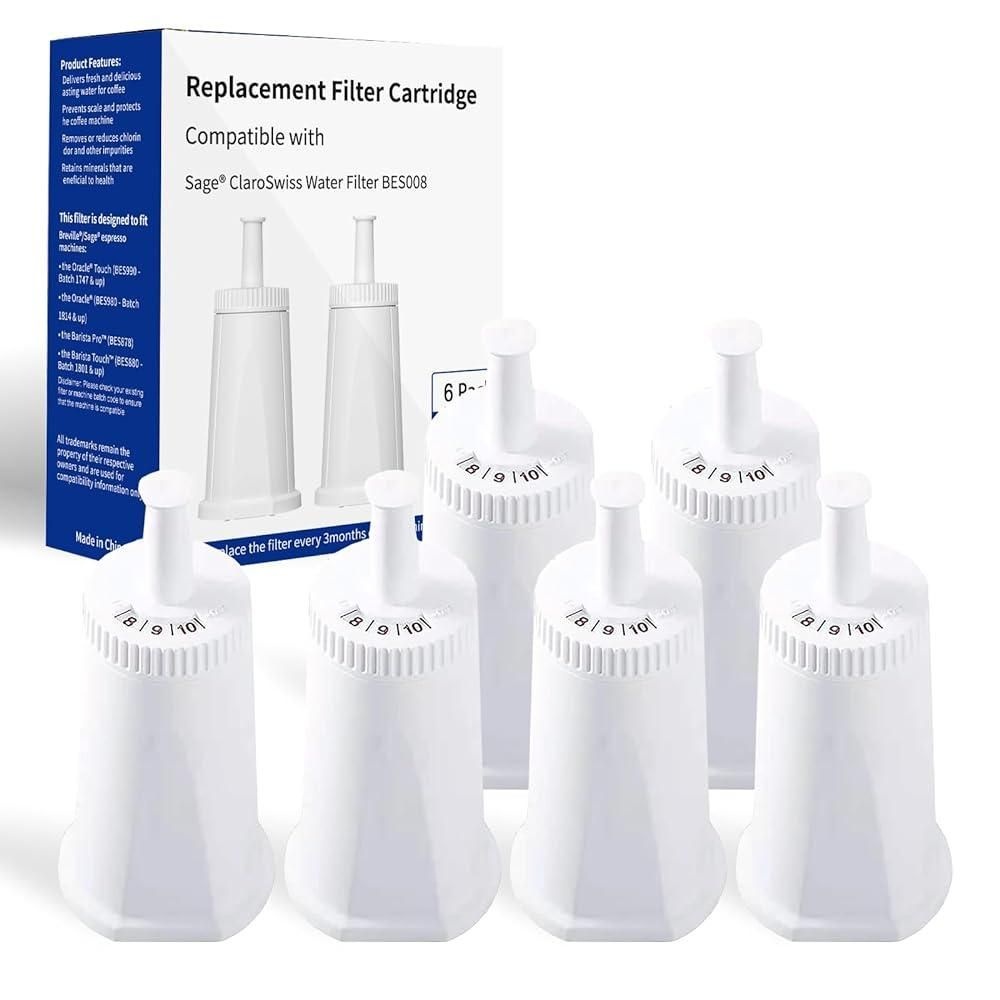 Bewafia [해외] 6팩 Breville Bes880 정수 필터 교체품, Sage Oracle Touch, Barista, Claro Swiss, BES878, Bes920, Bes008 에스프레소 커피 머신과 호환,