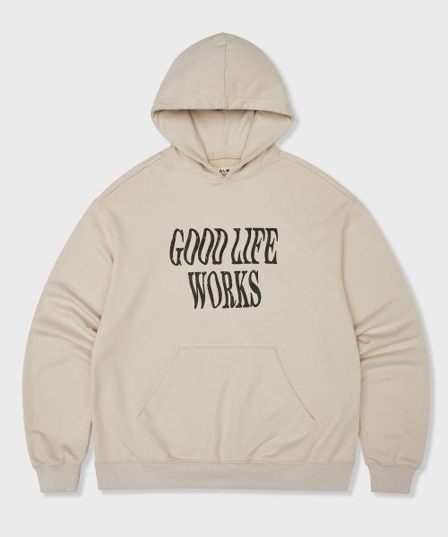 굿라이프웍스 goods 오버핏 런다운 로고 후드 베이지
