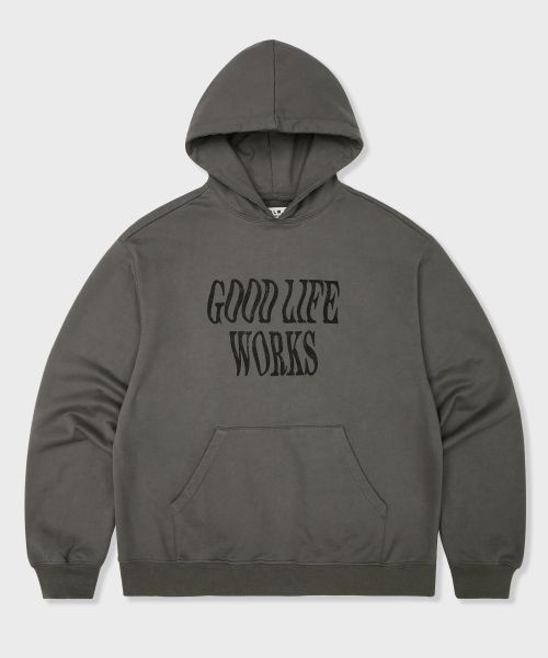 굿라이프웍스 goods 오버핏 런다운 로고 후드 차콜