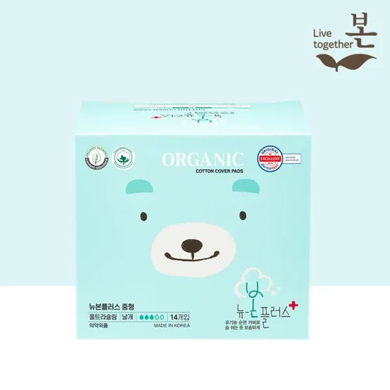 뉴본플러스 국내제조 유기농 순면 생리대 중형 14P, 1팩