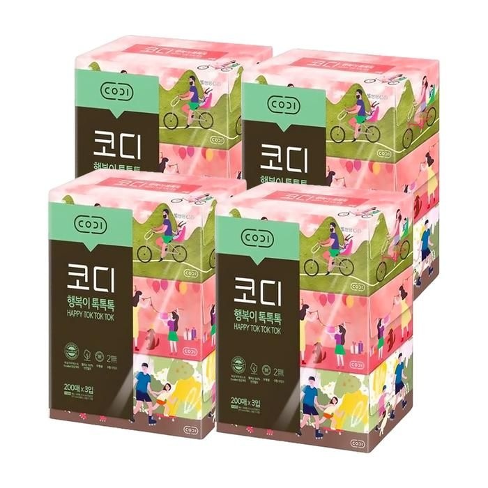 쌍용씨앤비 세종특별자치시 조치원읍 번암공단 1길 16 [코디(codi)] 행복이톡톡톡 미용티슈 각티슈 200매 3개입 x 4개