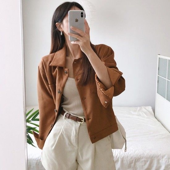 아르메니 심플 카라 싱글 블루종 스웨이드 자켓