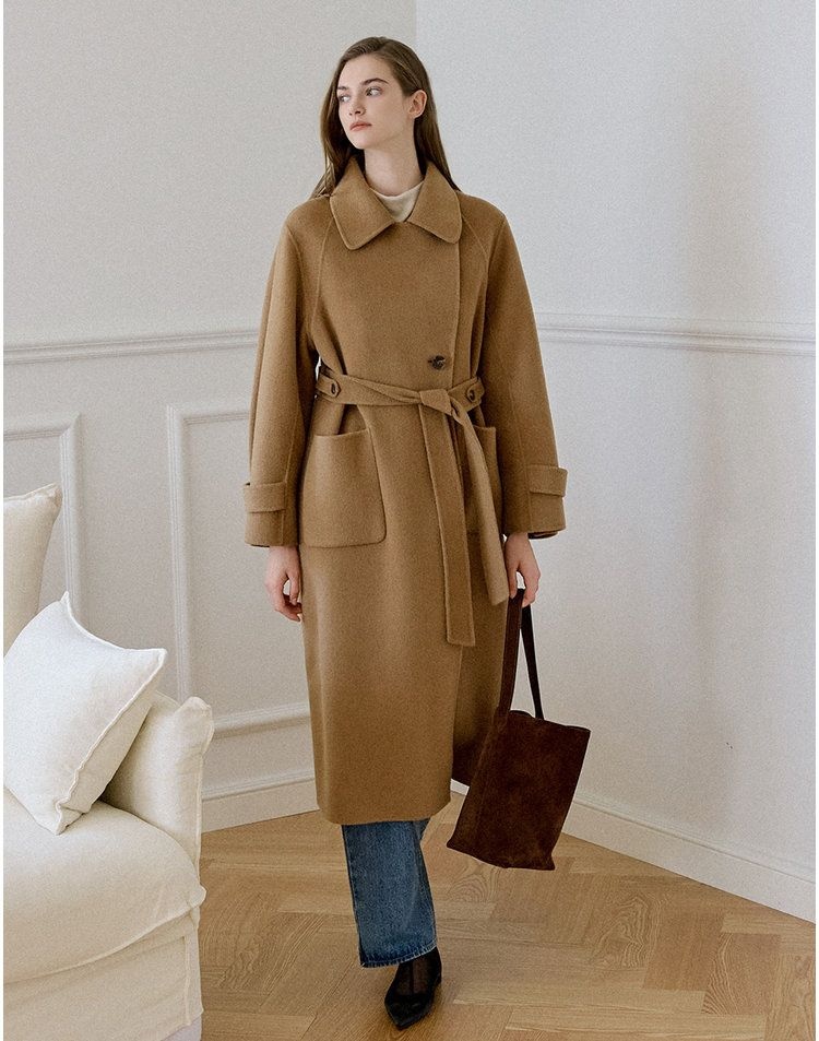 앳코너 Cashmere Wool Blend Double Collar Long Coat Camel AT5COF063CM