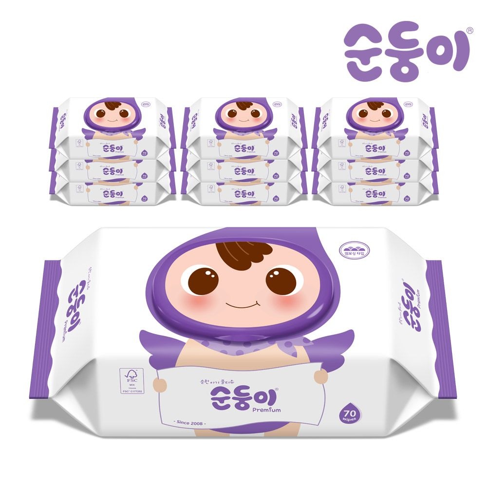 순둥이 EC-01 /엠보싱 프리미엄 물티슈 캡형 70매 10팩