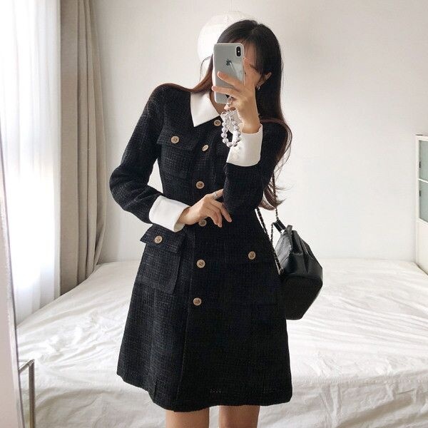 [드레스날다] 흐로닝언 포켓 배색 A라인 트위드 미니 원피스