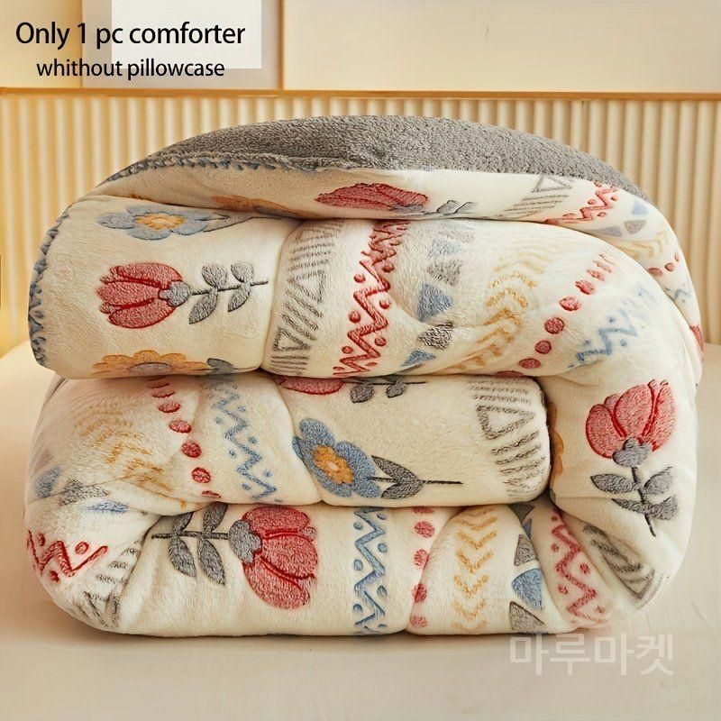 [해외] 1pc 보헤미안 플로럴 벨벳 이불  올 시즌 퀼팅 침구 기계 세척 가능 부드럽고 따뜻한 마이크로파이버 충전