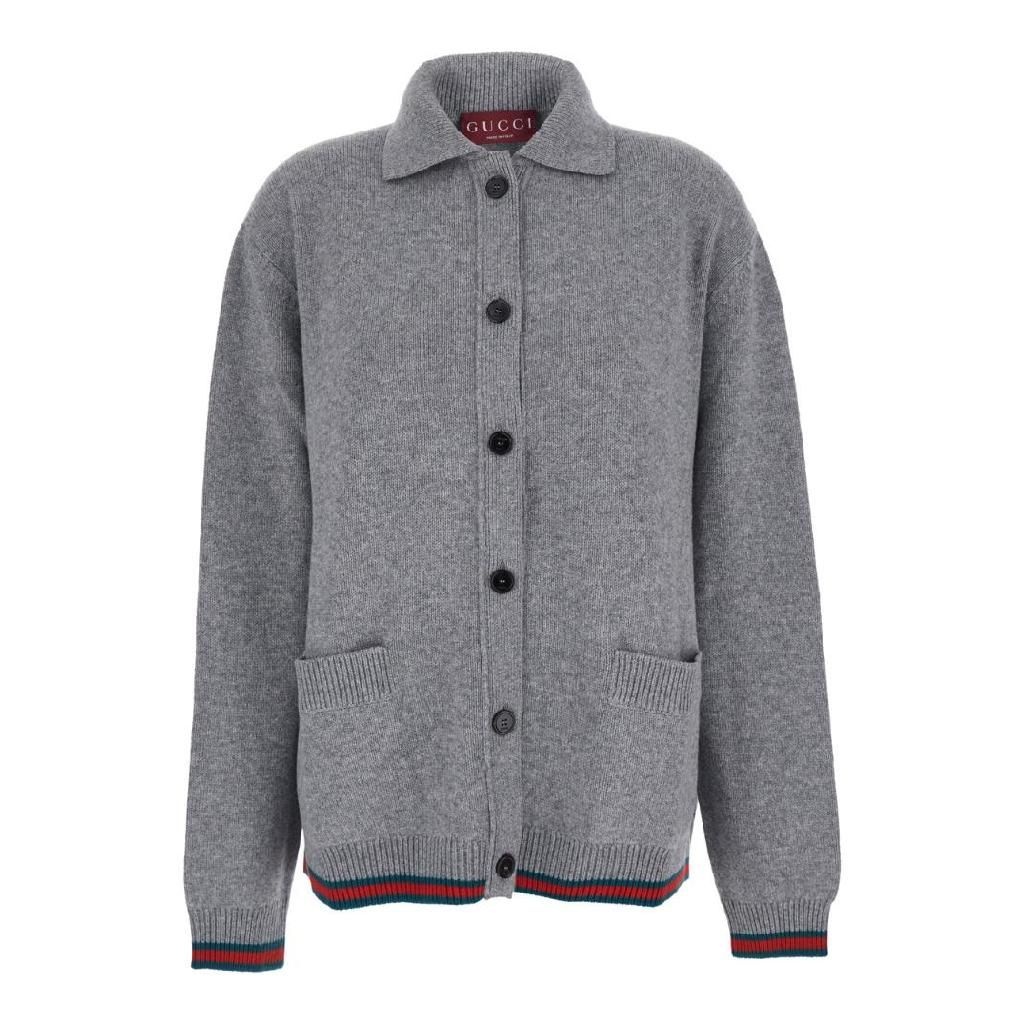 구찌 GUCCI Grey Cardigan with Pointed Collar and Web Detailing on Edges in Wool and Cashmere Blend Woman 848257XKE921084