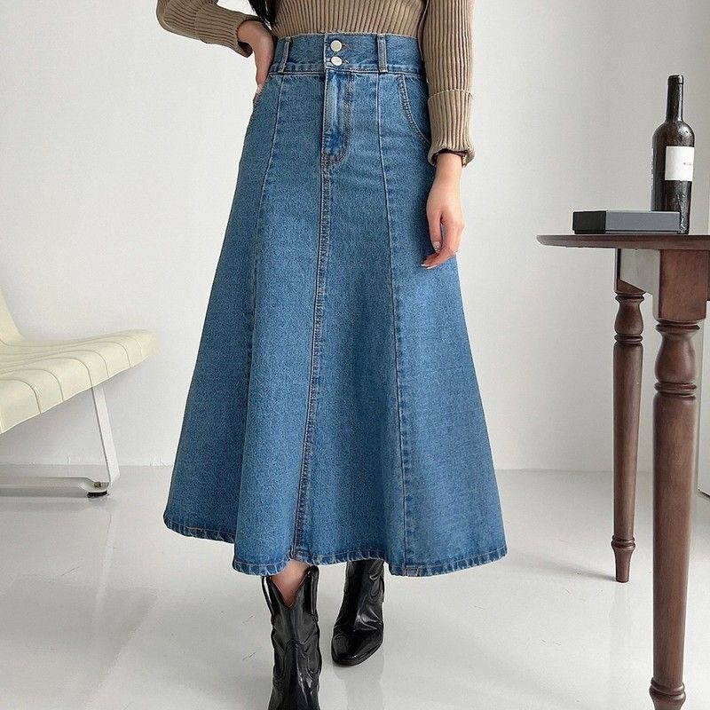 모던스타일 여자 사계절 플레어 투버튼 a라인 절개 데님 롱 스커트 간절기 봄 여름 가을 겨울 청치마944145