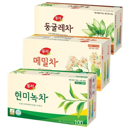동서 현미녹차 100T+둥굴레차 100T+메밀차 100T 대용량 티백차