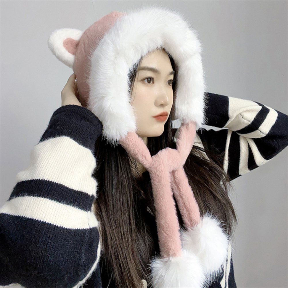 유쎌몰 방울방울 곰돌이 귀돌이 모자(핑크) 여성겨울모자 귀도리모자