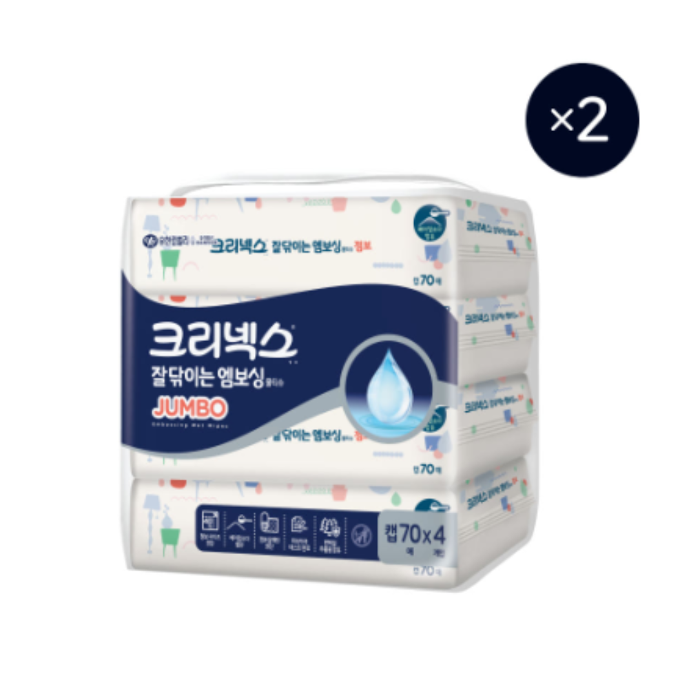 상세설명참조 크리넥스 잘닦이는 엠보싱 점보 물티슈 캡형 70매 × 8팩 (4개입 1EA+1EA)