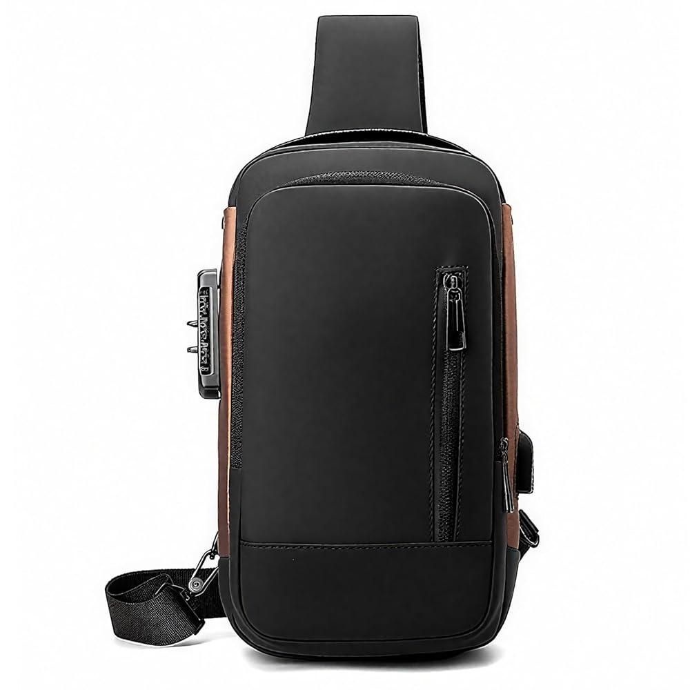 [해외] PEAGLOB Travel Sling Bag Waterproof Crossbody Bag with Combination Lock Anti-Theft PU Leather Chest Bag with USB Charging Hole Shoulder Backpack Black